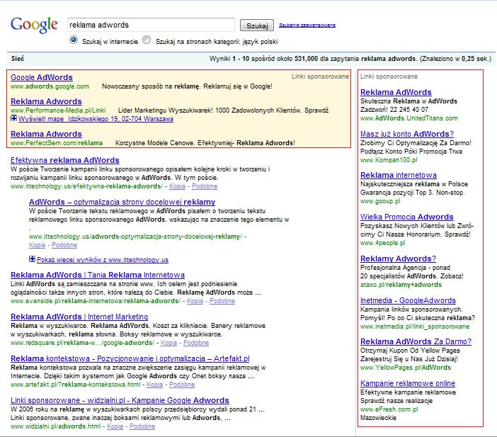 Obrazek przedstawiający reklamy Google ADS przy wynikach wyszukiwania